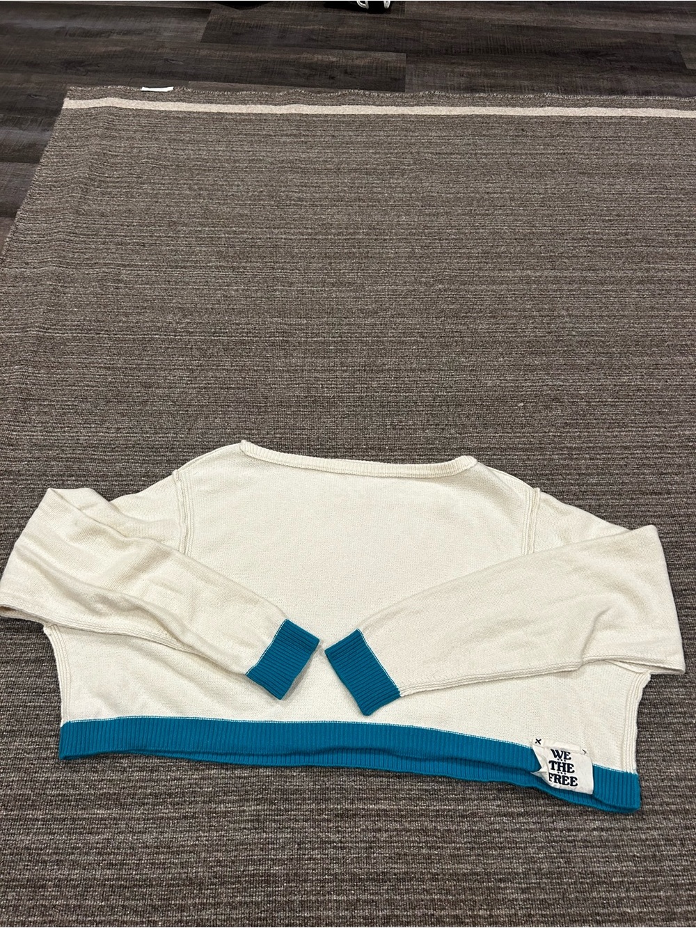 We The Free Cream Cropped oversized Sweater with Teal Trim